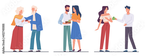 Women take or borrow money from their husbands or friends. Couple relations and friendship. Financial help and support. Give cash and credit card. Cartoon flat isolated illustration. png set photo
