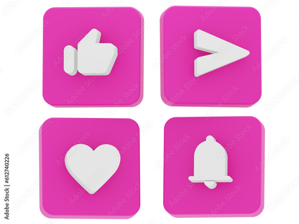 3d icon set like, love, notification and send white color with cube pink 3d illustration rendering 3d icon set like, love, notification and send white color with cube pink 3d illustration rendering