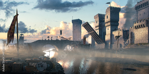 Fantasy landscape with a castle and raised drawbridge on a river  receiving  soldiers' diplomacy with out-of-focus foreground chromatic aberration and noise to add realism, 3D rendering concept art  photo