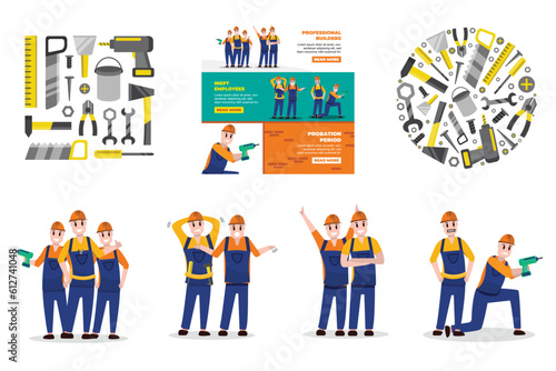 colection constrution and building. building tool, house repairing instruments builder s kit. builders, handymen, repairmen in helmets. set of male builders  in construction overalls photo