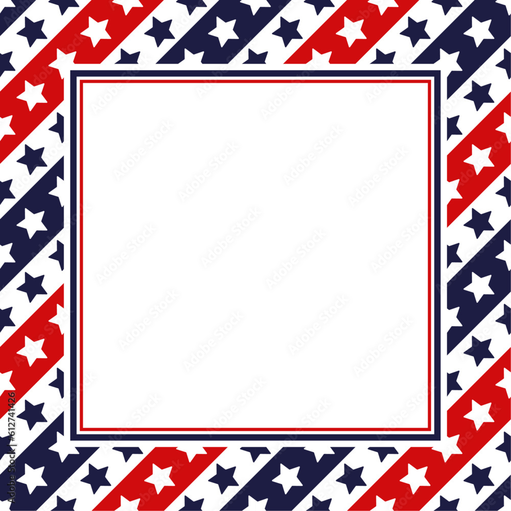 Obraz premium Vector frame with copy space. Classic american stars and stripes ornament in blue, red and white colors. White paper sheet in square frame.