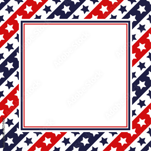 Vector frame with copy space. Classic american stars and stripes ornament in blue, red and white colors. White paper sheet in square frame.