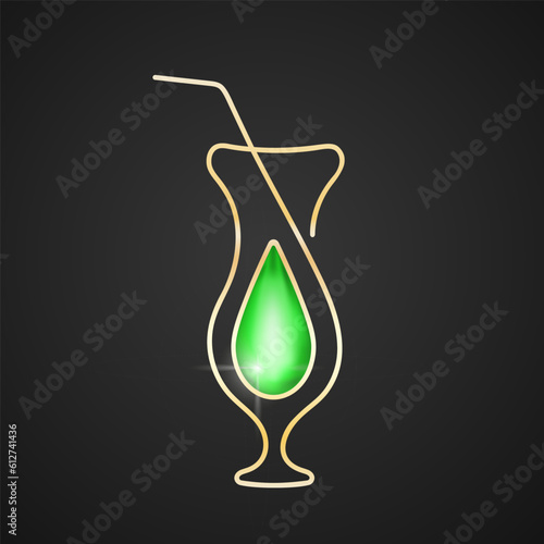 Alcohol cocktail in hurricane glass vector flat illustration. Stylized green 3d drop in gold frame. Best for logo, posters, prints, cards, menu concept and branding design.