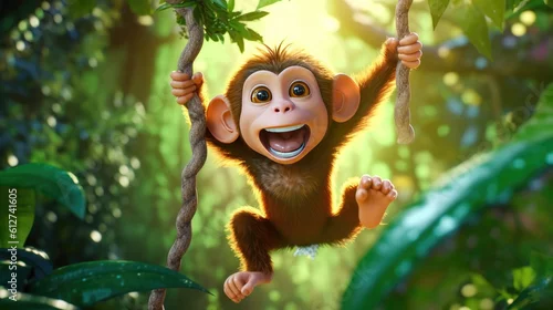 Fototapeta A delightful 3D render of a happy and playful monkey swinging from tree to tree in a lush jungle setting. The lush greenery and joyful expression capture the energetic spirit - Generative ai