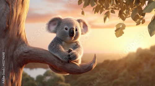 A heartwarming 3D render of a content and lovable koala resting on a tree branch, with a serene sunset in the background. The soft lighting and peaceful atmosphere - Generative ai