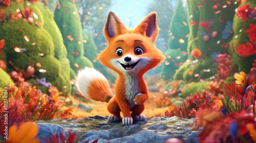 Realistic 3D render of a cheerful and adorable fox with a mischievous grin  surrounded by a colorful autumn forest. The vibrant foliage and curious expression - Generative ai