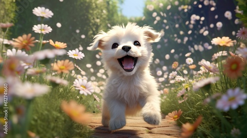A lifelike 3D render of a joyful and lovable puppy with a wagging tail, tongue out, and eyes full of excitement. It stands in a field of blooming flowers - Generative ai