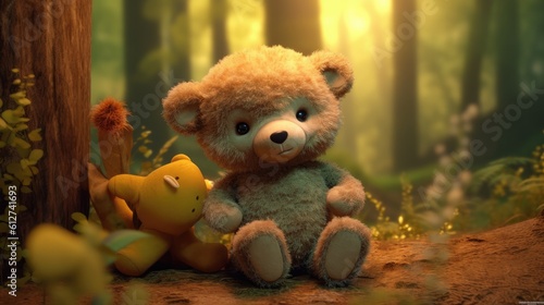 A heartwarming 3D render of a content and lovable bear hugging a plush toy, surrounded by a cozy and whimsical forest setting. Soft lighting and a tranquil atmosphere - Generative ai