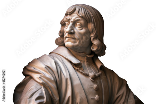 Illustration of the statue of René Descartes, a philosopher, scientist, and mathematician. One of his famous quotes is 