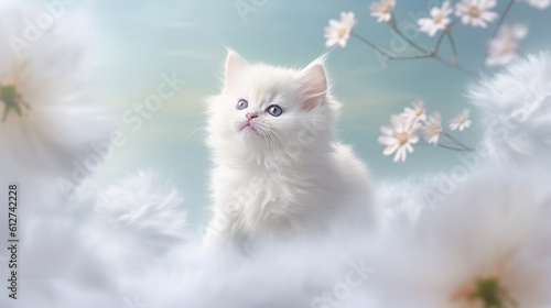 A white kitten sitting in a field of white flowers. Generative AI.