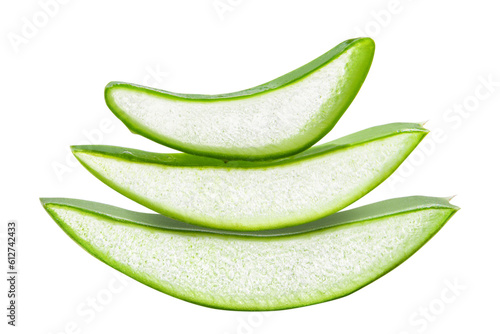 Slides, pieces of green fresh aloe vera. On a blank background. PNG