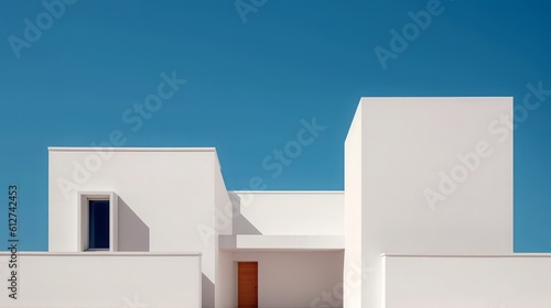 Minimalist Architectural Details. Blue Sky, White Concrete Walls. Pink Accents.