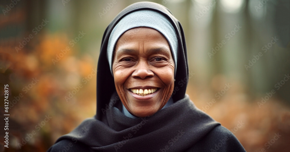 Black dark skinned woman and religion, portrait of catholic nun praying in church and looking at camera. Happy nun portrait Black dark skinned woman and religion, portrait of catholic nun praying in church and looking at camera. Happy nun portrait