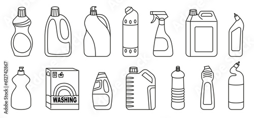A set of 13  plastic containers for household chemicals and one box of washing powder. Detergent packaging, powder, gel or spray bottles. Vector illustration isolated on white background.