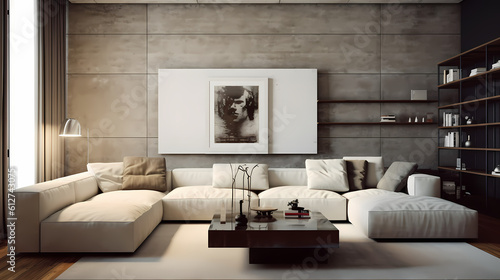3D Render Stylish Modern Minimal Livingroom. Interior Design Clean and Contemporary. Generative AI
