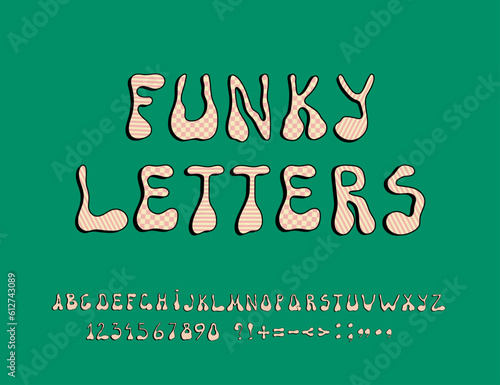Funky alphabet, numbers, and symbols. Vector font for posters, logotypes, book covers, flyers, invitations, etc.