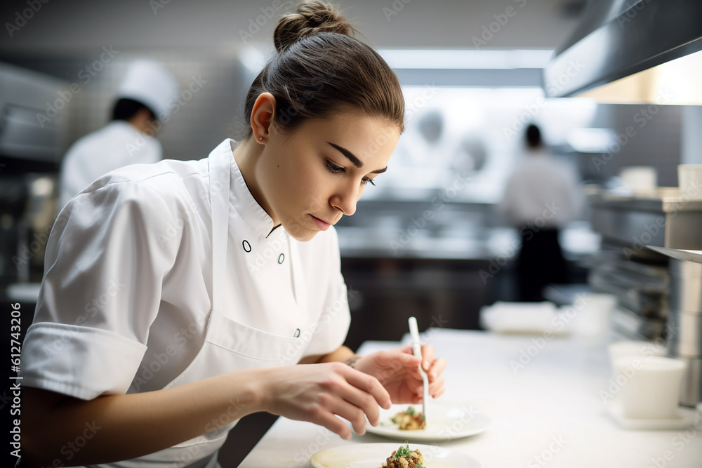portrait of a female chef creating food in a kitchen in hotel or restaurant. portrait of a female chef creating food in a kitchen in hotel or restaurant.