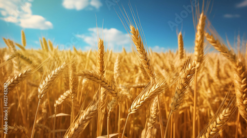 Golden wheat field close up.Organic farming concept. Ripegolden organic wheat stalk field against blue sky.