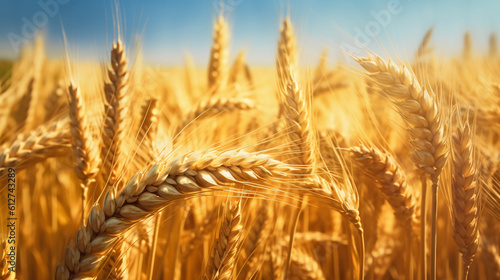 Golden wheat field close up.Organic farming concept.Ripegolden organic wheat stalk field against blue sky.Wheat food industry concept. photo