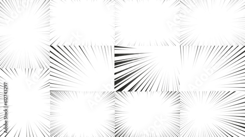 Manga radial speed lines set for comic effect. Motion and force action focus flash strip lines texture for anime book. Vector background illustration of black ray manga speed frame or explosion. © Irina