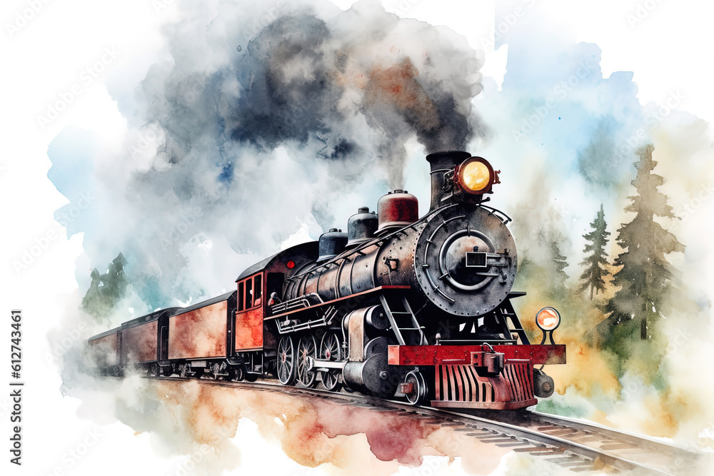 Watercolor Steam engine train background.