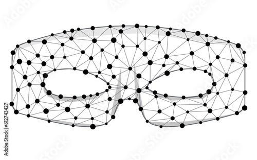 Mask superhero or carnival robber bandit wireframe vector icon. Black masquerade costume eye mask silhouette hidden villain scammer face template. Line and dot low poly future technology masque.