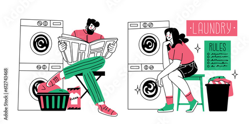 Concept of washing clothes in the laundry. A man sits and reads a newspaper, a girl sits and is bored. Waiting for the end of the washing program in the laundry. Household affairs. Vector illustration