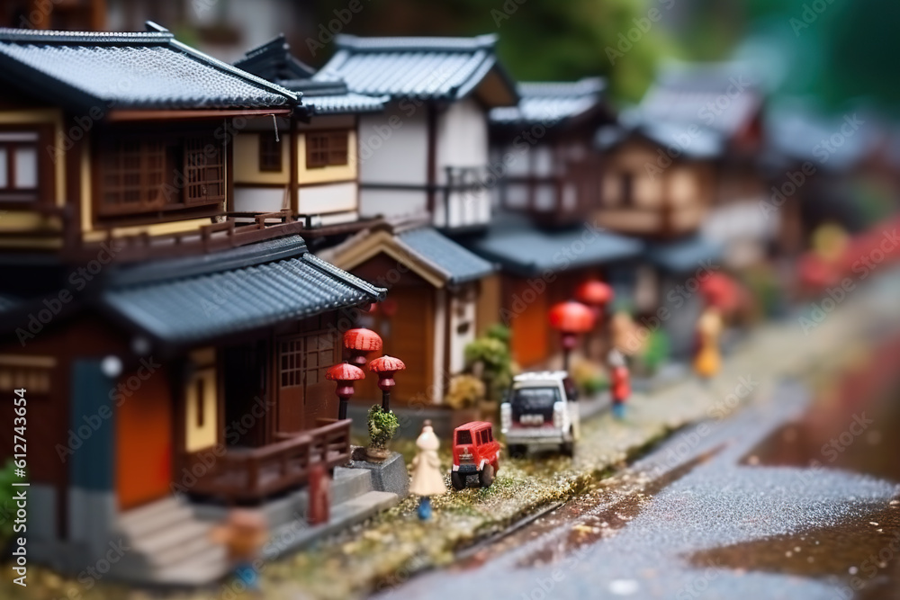 A miniature model of a japanese village with a red truck. Generative AI.