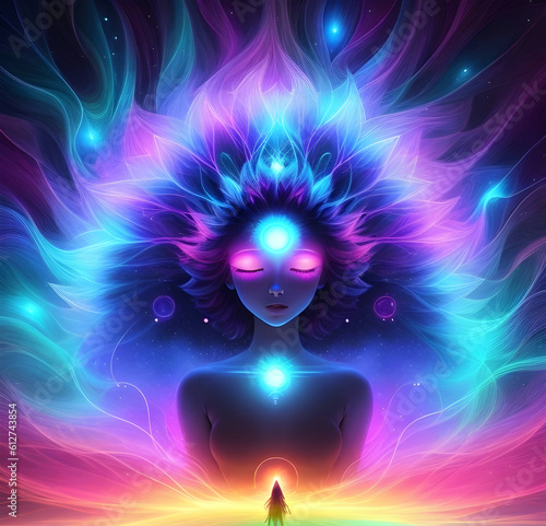 illustration of young cute girl glowing with vibrant purple colors and pink eye lights to symbolize euphoria, psychedelic, dreamy mood concept