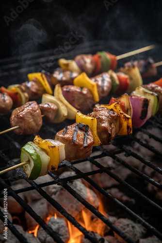 Meat and vegetable skewer on grill generative AI
