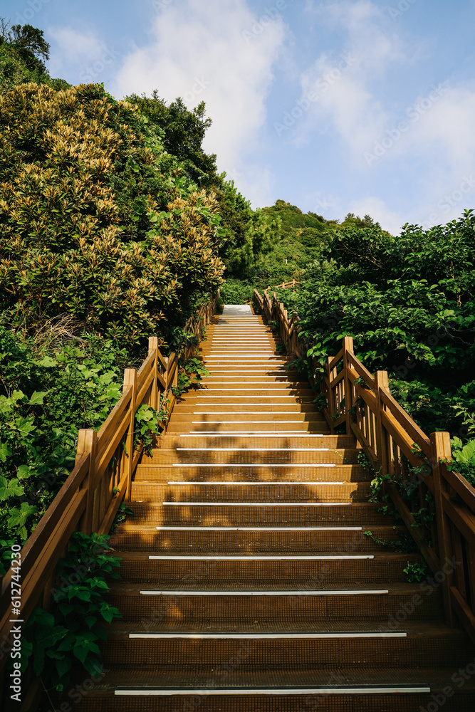 Stairs to climb Seongsan mountain in Jeju Island, South Korea.