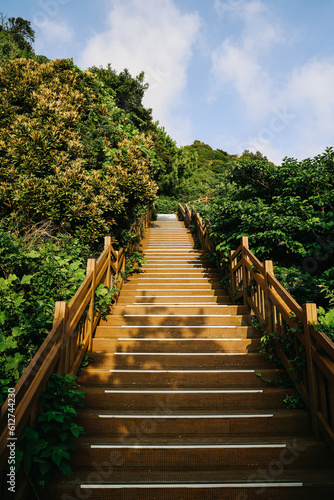 Stairs to climb Seongsan mountain in Jeju Island  South Korea.