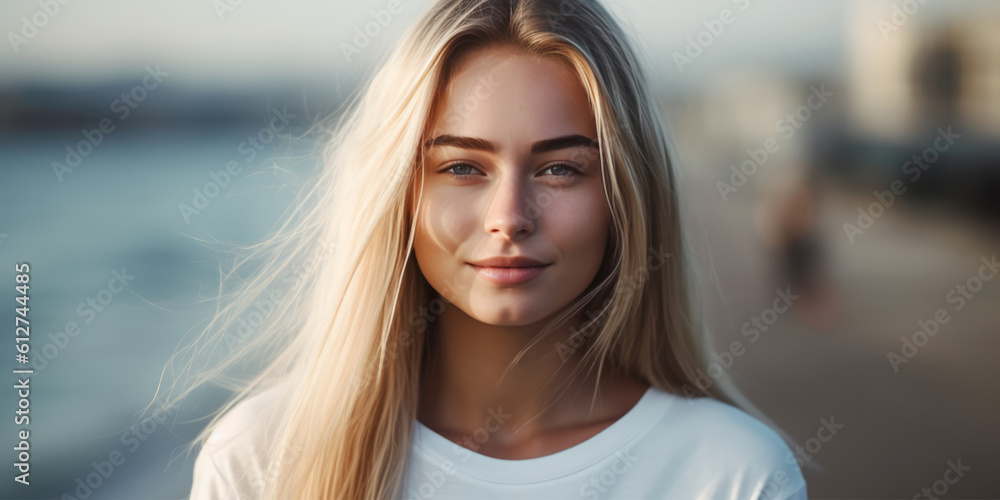 Smiling Young Beauty Girl with long blond hair on sea beach. Generative ai model Smiling Young Beauty Girl with long blond hair on sea beach. Generative ai model