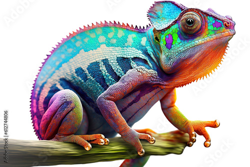 Obraz na płótnie A green iguana with a red eye sits on a white background.