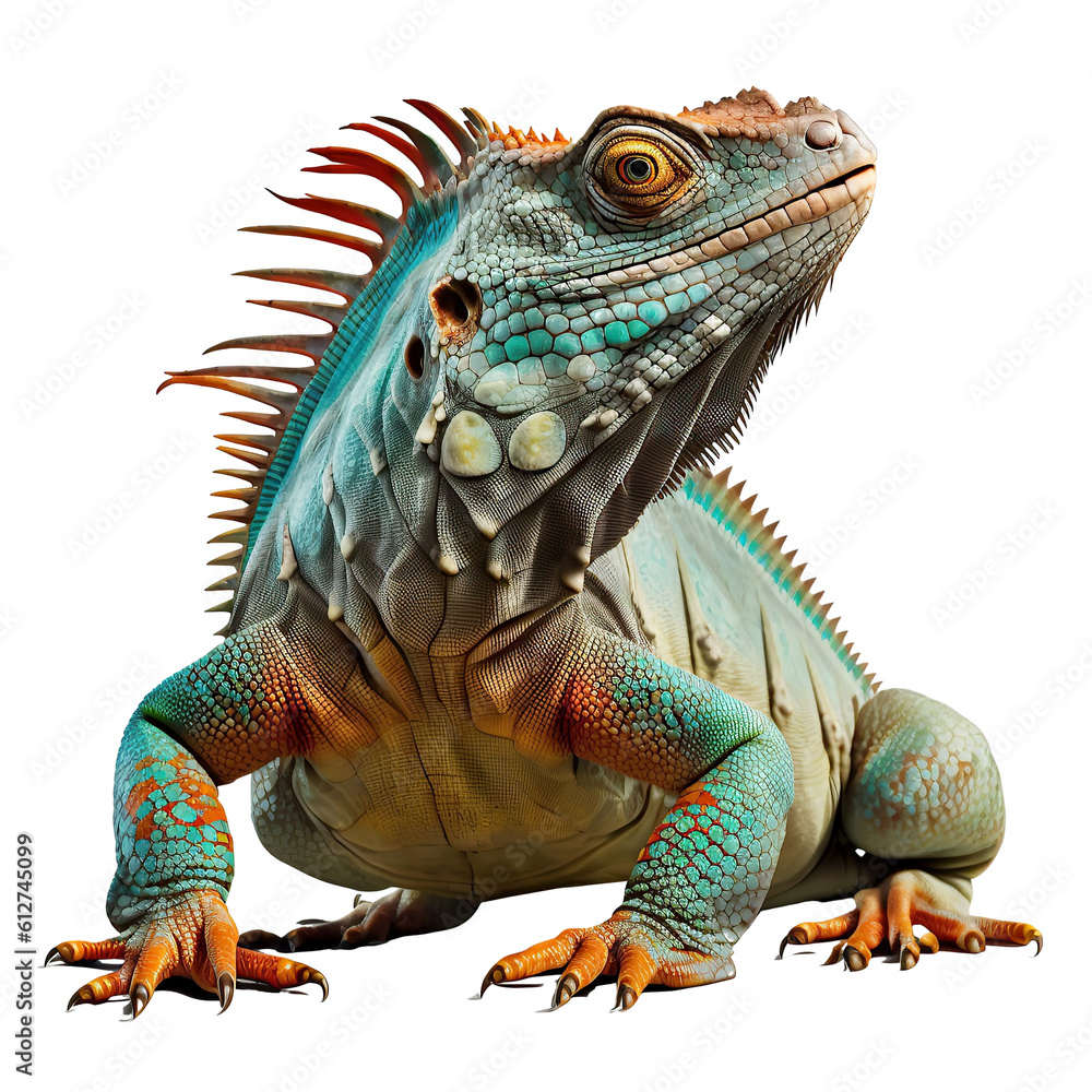 A green iguana with a red eye sits on a white background.