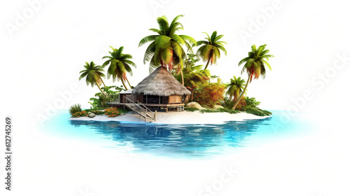 A tropical island with a thatched hut and palm trees. Generative AI.