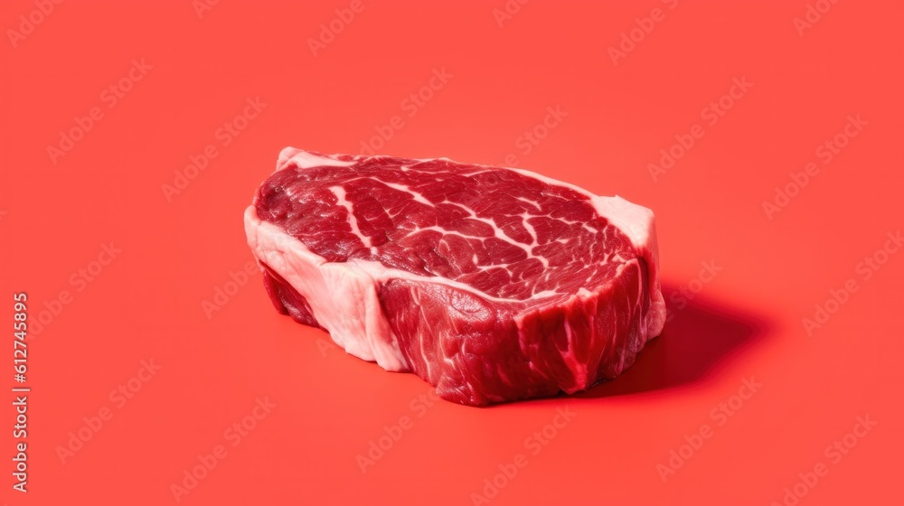 Close-up raw rib eye steak isolated on red background. Generative AI.