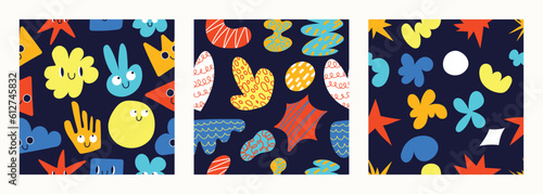 Set of doodle in seamless pattern. Abstract art background  vector design with childish scribble, doodle, cartoon in vibrant color. Fun creative illustration for kids, fabric, prints, cover.