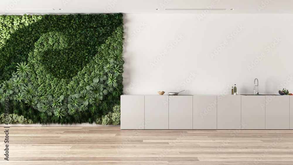 Modern bright kitchen with cabinets and appliances in white and beige tones. Vertical garden and bleached parquet with copy space. Minimal interior design idea template - obrazy, fototapety, plakaty 