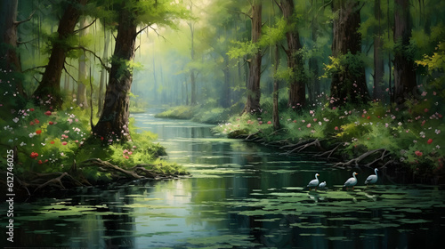 A tranquil river flowing through a lush forest  where a family of ducks glides gracefully on the water s surface  surrounded by towering trees and the sweet melody of birdsong. Generative AI
