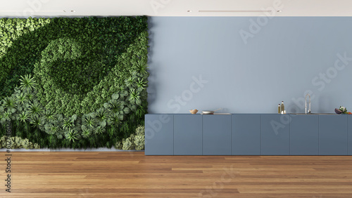 Fotografie Modern bright kitchen with cabinets and appliances in blue and white tones