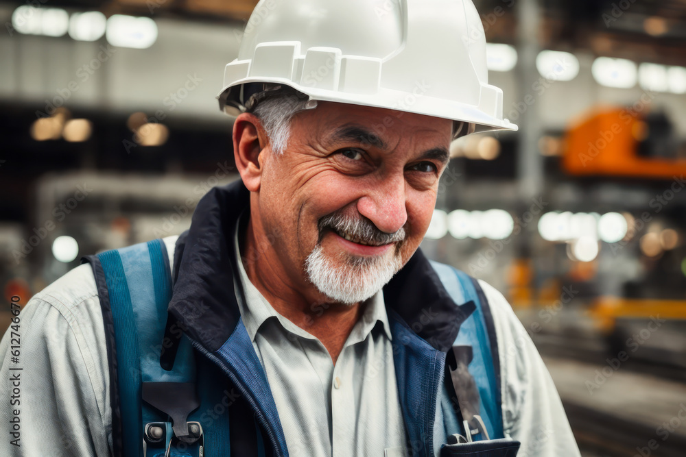 Digital portrait of a senior successful confident industrial engineer standing in Heavy Industry manufacturing. Concept of active age. Generative AI Digital portrait of a senior successful confident industrial engineer standing in Heavy Industry manufacturing. Concept of active age. Generative AI