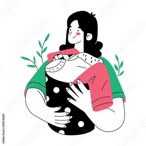 A girl holds a basket with clean, fresh, washed linen in her hands. Independent teenager, takes care of his cleanliness. Vector illustration isolated on white background.