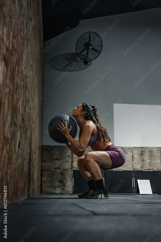 Woman training with a weighted ball