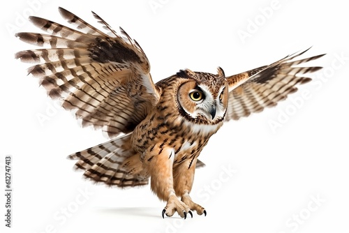 Flying great horned owl isolated on white, Generative AI