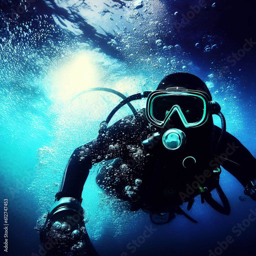 In this captivating image, a man takes a mesmerizing plunge into the vast ocean, adorned with goggles and an oxygen tank, ready to explore the mysteries of the underwater world. Surrounded by a gracef