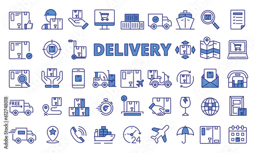 Set of Delivery logistic system icons in line design blue. Delivery, Logistics, Shipping, Warehouse, Truck, Package, Route,Tracking, Supply vector illustrations. icons isolated on while background