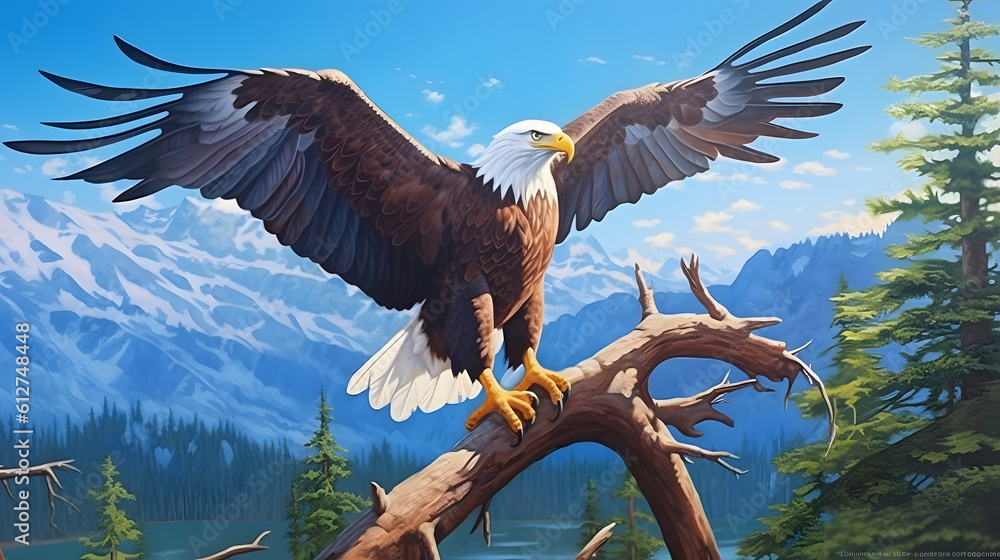 custom made wallpaper toronto digitalA majestic bald eagle perched on a branch overlooking a magnificent mountain range, with its wings spread wide against a clear blue sky, capturing the essence of freedom and power. Generative AI
