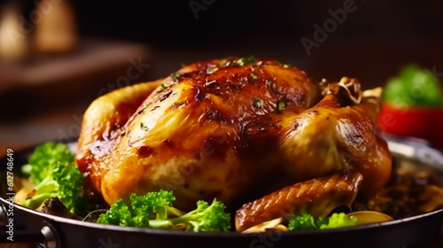 A beautifully cooked, golden - brown roasted chicken takes center stage on a rustic wooden table,Generative AI