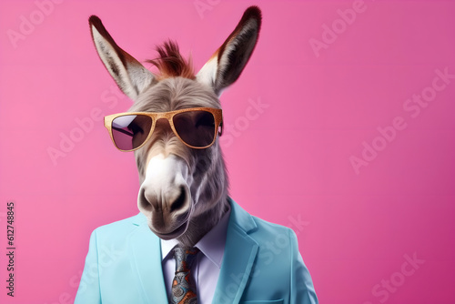 Stylish cool donkey in sunglasses, business suit and tie. Minimal creative concept of business and success. Generative AI.